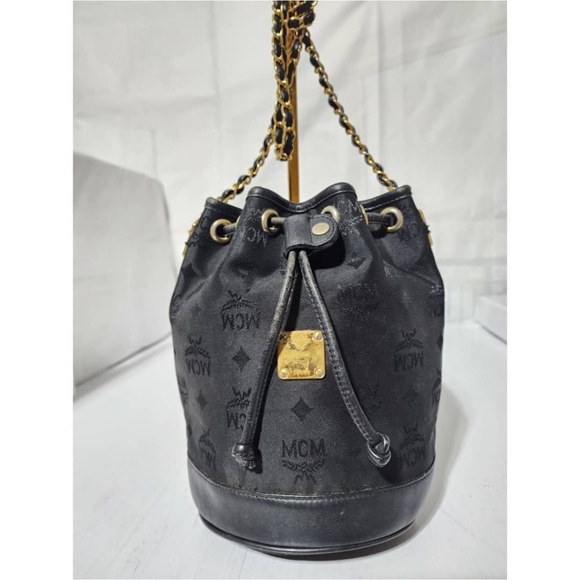 Authentic MCM Vintage Nylon Visetos Chain Bucket Drawstring Bag Black - Picture 6 of 13